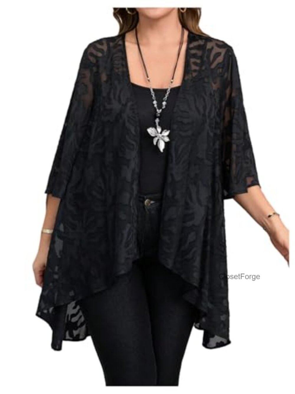 Plus Size Floral Lace Ruffle Kimono Cardigan Sheer Duster